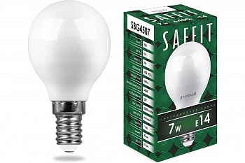 Лампа св/д Saffit шар G45 E14 7W(560lm) 6400K 6K матовая 80x45 SBG4509 55123