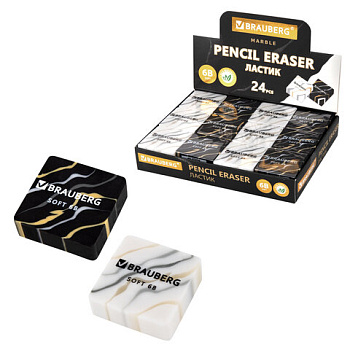 Ластик BRAUBERG "MARBLE", 34х34х11 мм, квадратный, экологичный ПВХ, ассорти, 272726 /24/