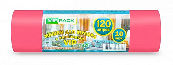 MIRPACK мешки д/мусора 120л, 10 шт в рулоне, "VIP" с завязками ,ПНД, 15 мкм, 75*80 см, красные/25/