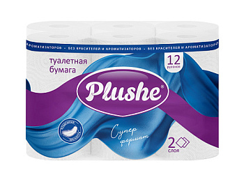 Туалетная бумага PLUSHE Супер формат 12шт*13,68м, 2сл., белая, с ручкой /8/