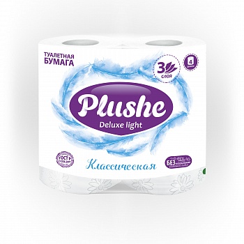 Туалетная бумага PLUSHE Делюкс 4шт*15м, 3сл. Классическая белая /12/