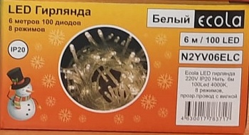 Гирлянда-нить Ecola 100LED белый (4000K) 6м, 8 реж.,прозр.провод с вилкой 220V IP20 N2YV06ELC