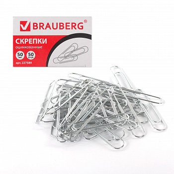 Скрепки 50мм BRAUBERG 50шт, оцинкованные, в картонной коробке
