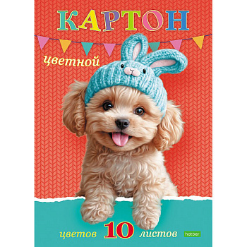 Картон цветной А4, 10л, 10цв, папка, мелованный, Hatber "Забавные ушки" /80/