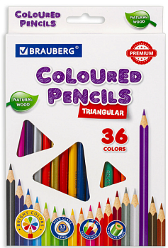 Карандаши цветные 36цв BRAUBERG PREMIUM, трехгранные, грифель 3,3 мм, натур. дерево /2/ /6/