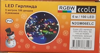 Гирлянда-нить Ecola 100LED RGBW 6м, 8 реж.,зелен.провод с вилкой 220V IP20 N2GM06ELC