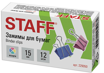Зажим для бумаг 15мм STAFF "Profit", КОМПЛЕКТ 12 шт., на 45 листов, цветные, 229050