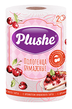 Бумажное полотенце PLUSHE  1 рулон, 30м, 2 слоя, белое с роз. тиснением, с аром. вишнёвого торта/18/