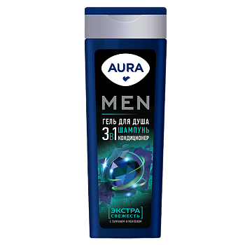 Гель для душа AURA MEN 380мл 3в1 Экстра Свежесть /8/КОТТОН КЛАБ